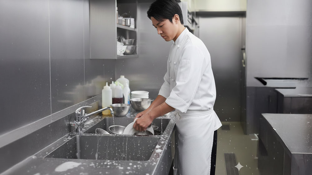 勢いだけで洗い物をすると、水はねや無駄な動きが増え、服が汚れやすくなります。